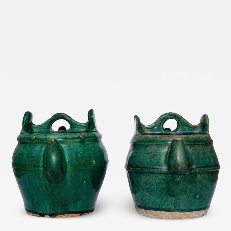 Green Glazed Shiwan Pottery Teapots Qing Dynasty Pair