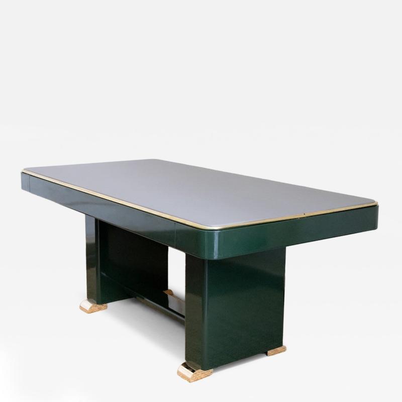 Green Lacquered Console with Leather Top And Brass Details 1970s