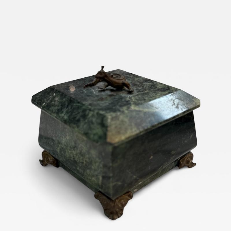 Green Marble Box with Bronze Accents and Animal Finial