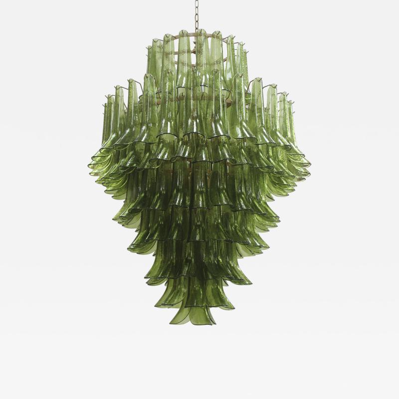 Green Murano Glass Petal Chandelier with Gold Toned Support Italy