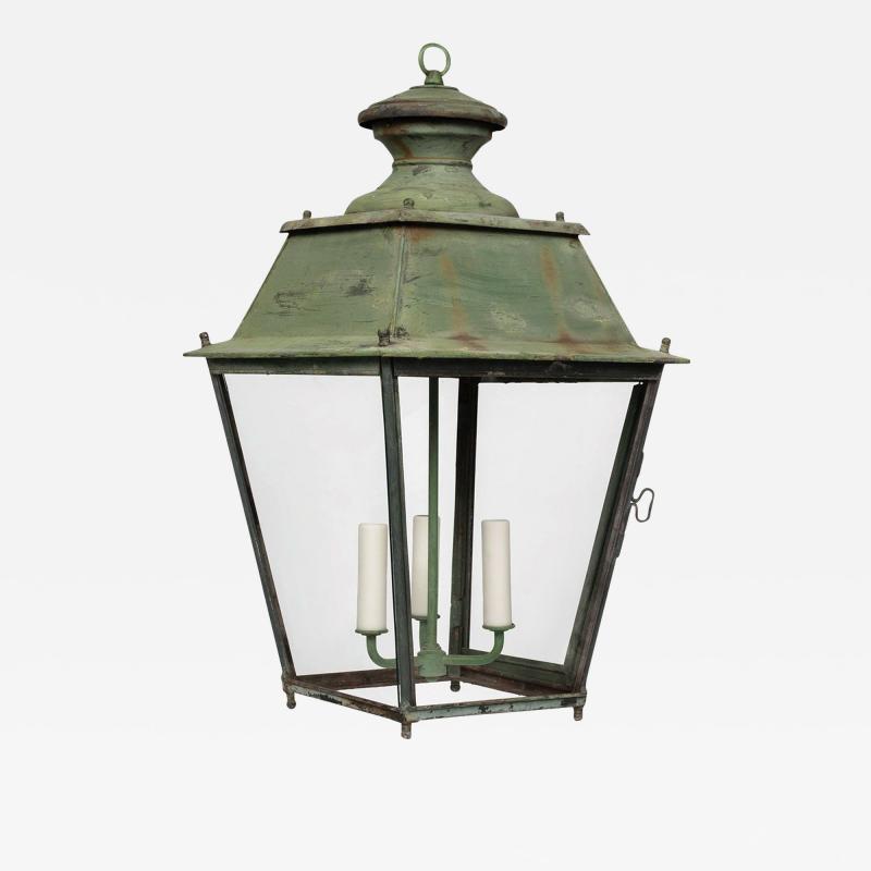 Green Painted French Glass Paneled Lantern