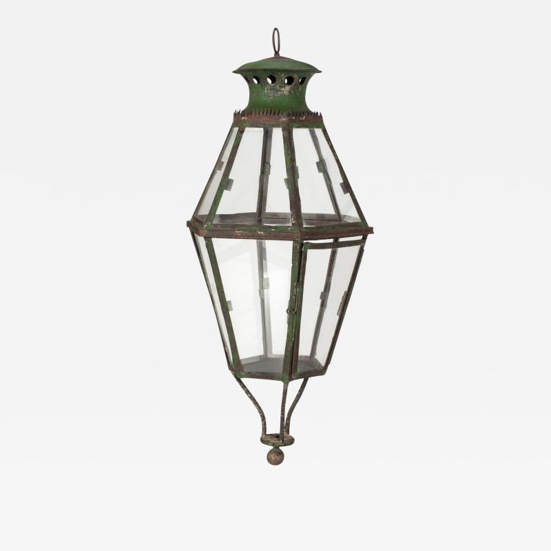 Green Painted Six Sided Glass Paneled Tole and Iron French Lantern