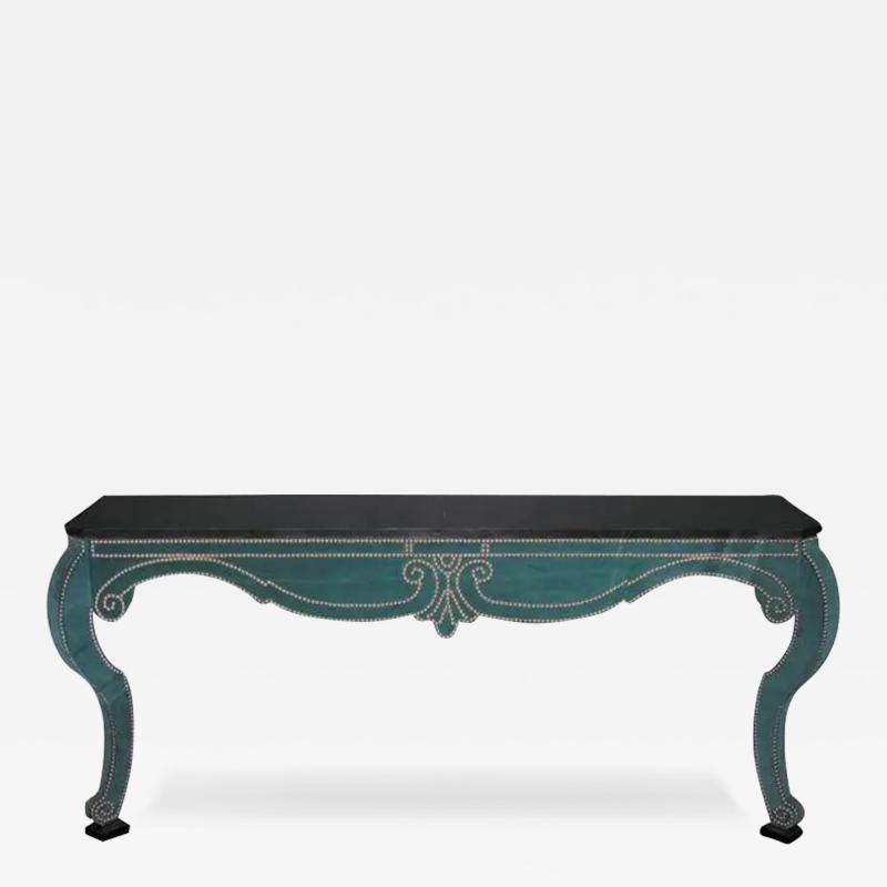 Green Teal Velvet Wall Mount Console with Black Granite Top