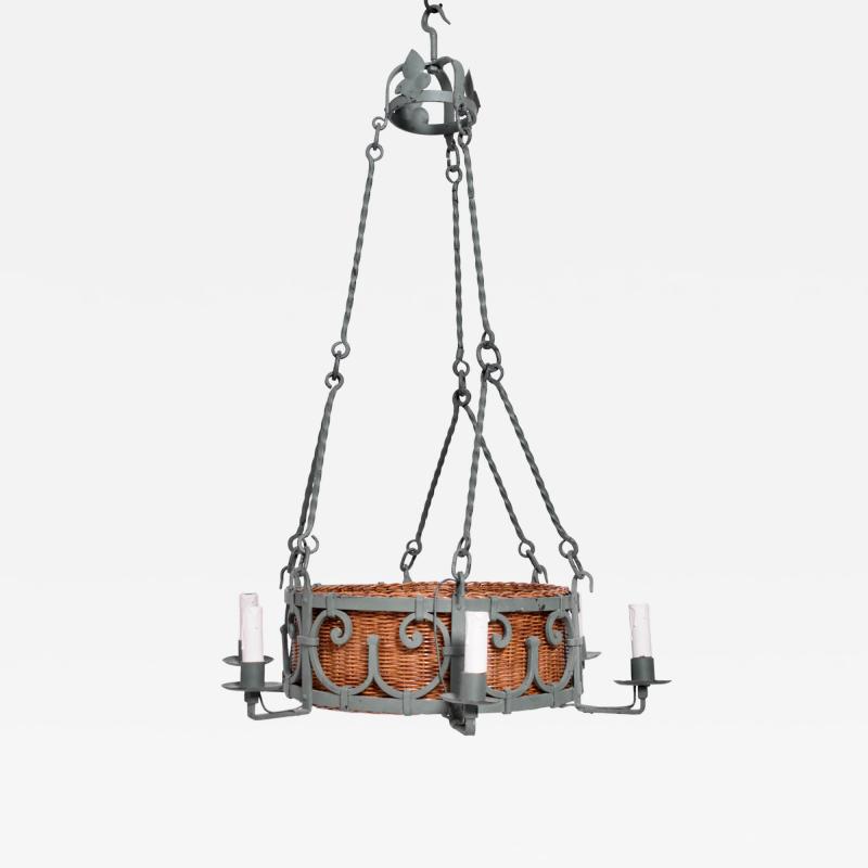 Green wrought iron and wicker ceiling lamp 1940s 