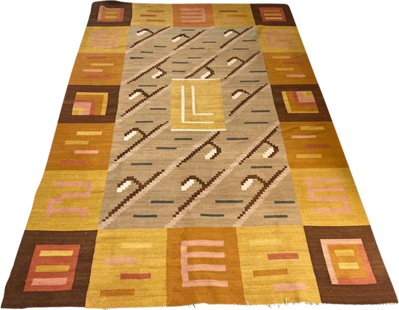 Greta Skogster Lehtinen Finnish Geometrical Flat Weave Carpet in Natural Tones Wool Finland 1930s