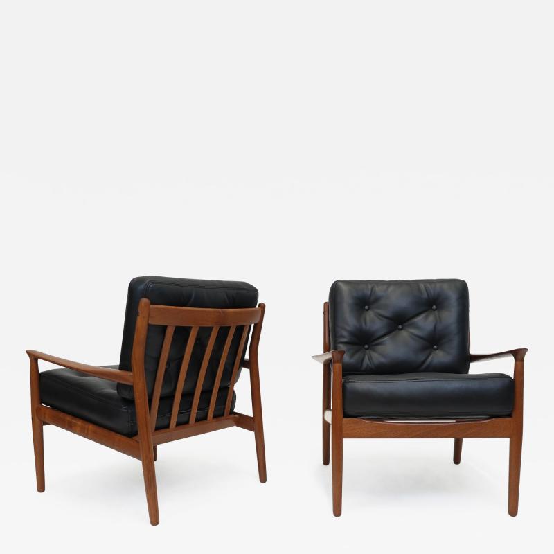 Grete Jalk Grete Jalk Danish Teak Lounge Chairs in Black Leather