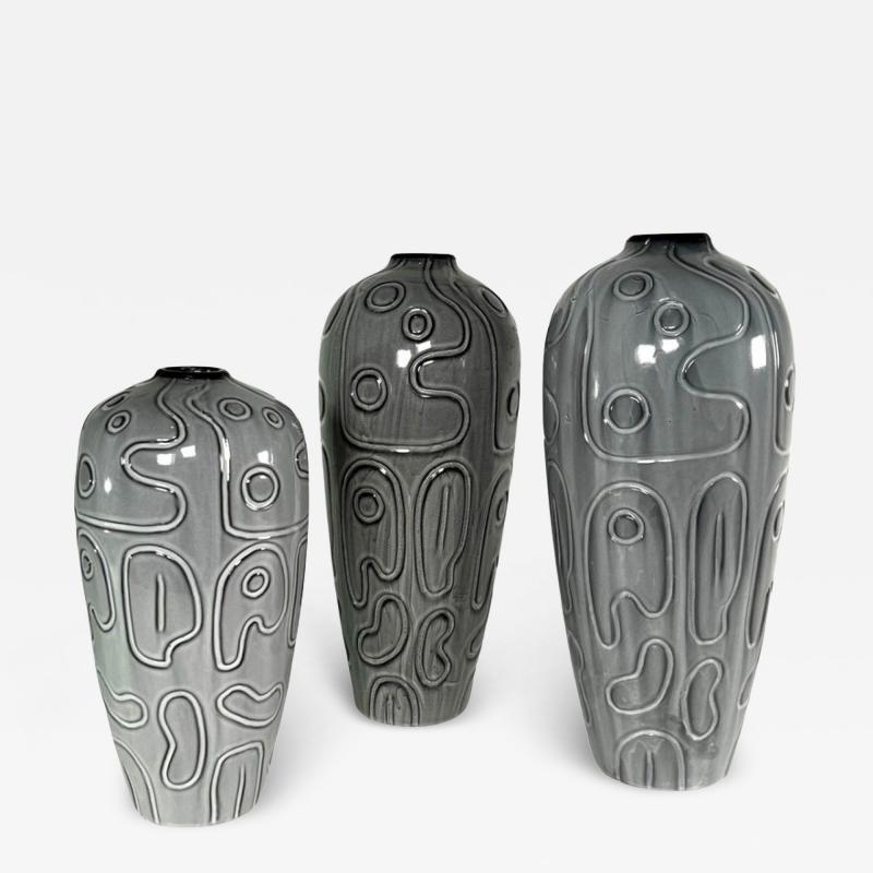 Group of 3 Italian Modern Studio Gray Glazed and Incised Ceramic Vases