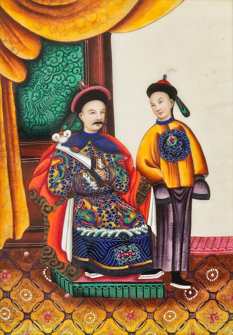 Guangzhou Cantonese Painting of Chinese Aristocrats with Attendants circa 1860