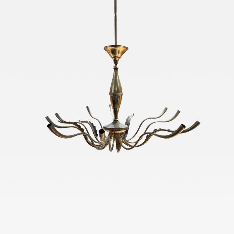 Guglielmo Ulrich 1950s Sculptural Italian Chandelier Ten Arm Patinated Brass