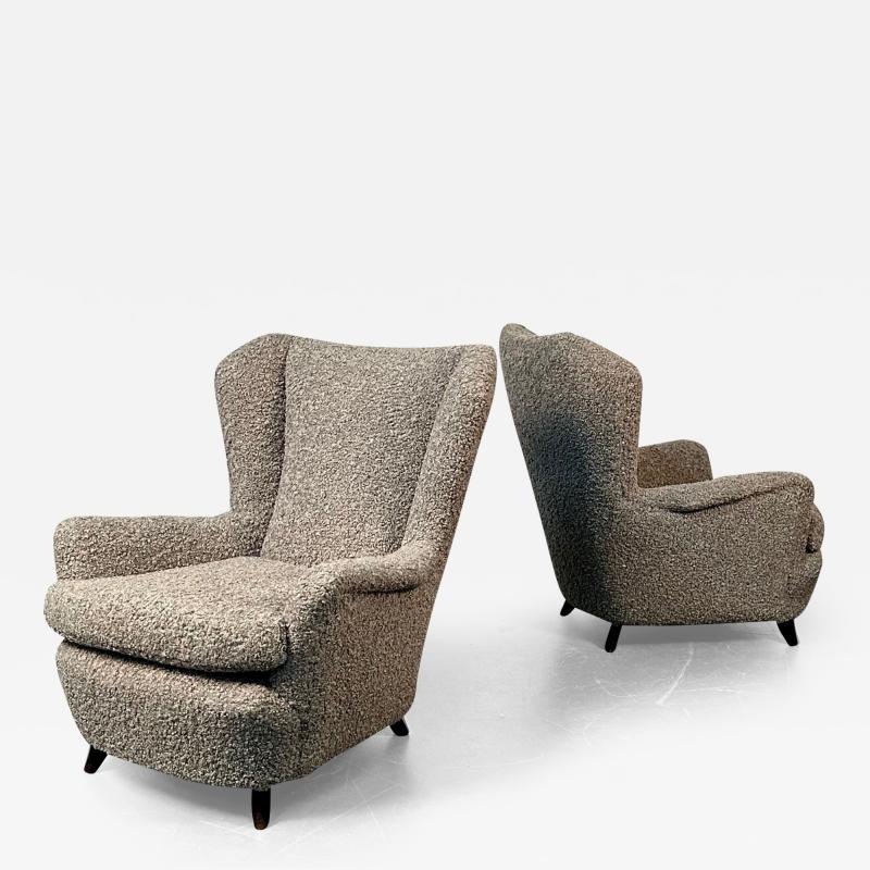 Guglielmo Ulrich Pair Italian Mid Century Modern Wingback Lounge Chairs Zanuso Style Grey Boucle