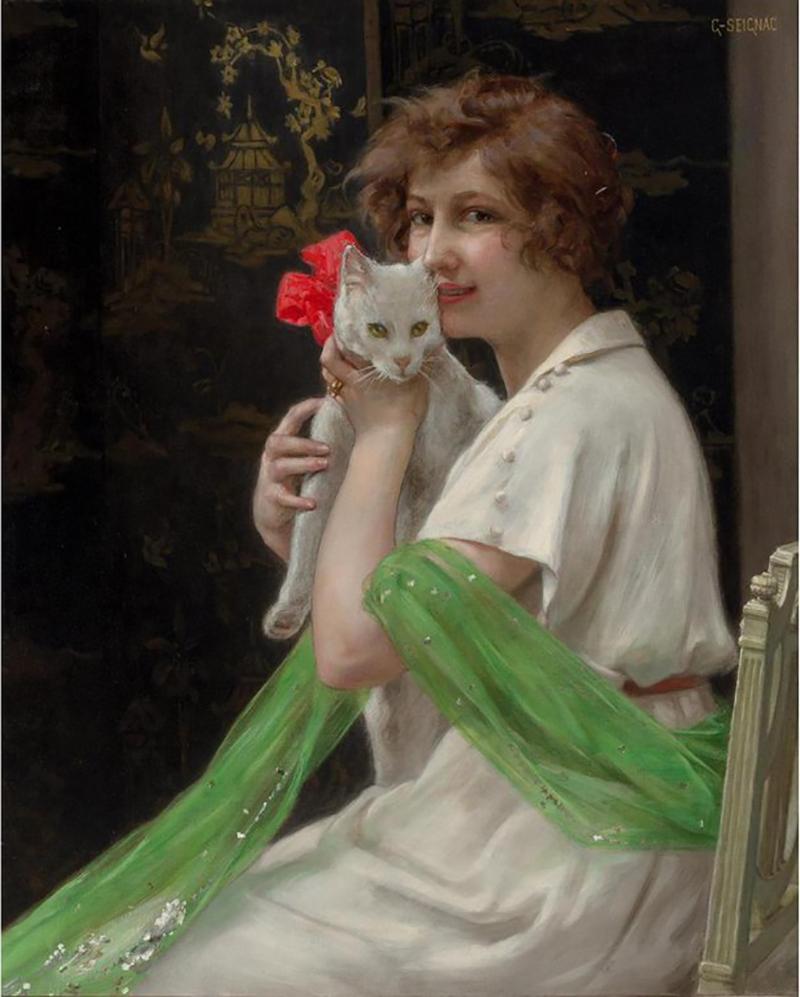 Guillaume Seignac Guillaume Seignac Oil on Canvas Good Friends Beauty with Kitten Painting