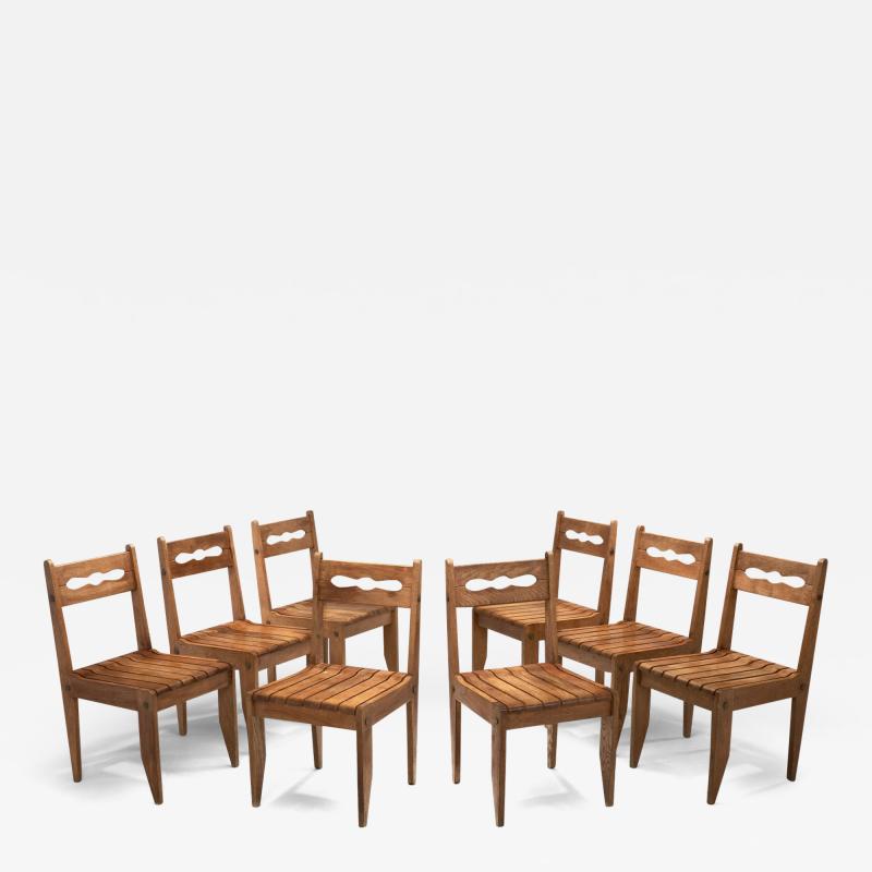 Guillerme et Chambron Guillerme et Chambron Oak Chairs with Wooden Slatted Seats France 1960s