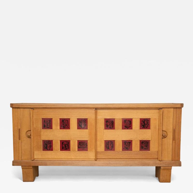 Guillerme et Chambron Large Mid Century Modern Oak and Ceramic Sideboard by Guillerme and Chambron