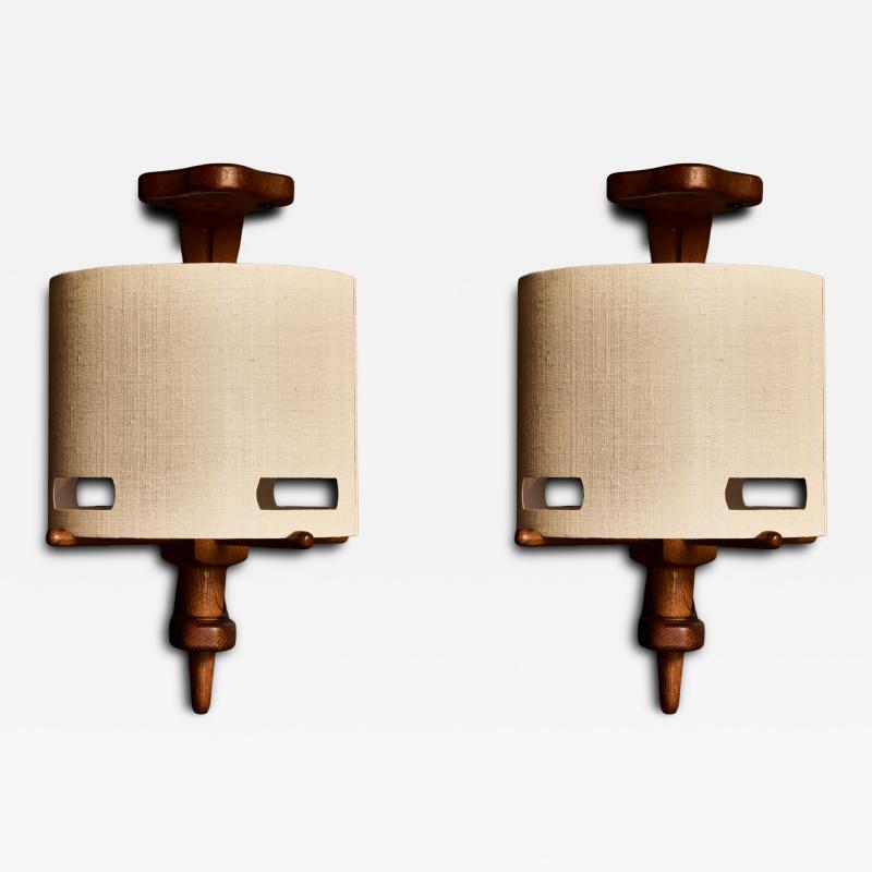 Guillerme et Chambron Pair of Guillerme et Chambron Wood and Ceramic Wall Sconces with Modern Shades
