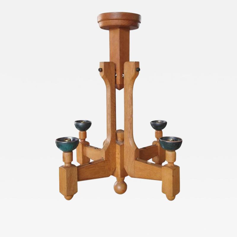 Guillerme et Chambron Solid Oak Four Lights Chandelier by Guillerme Chambron France 1960s