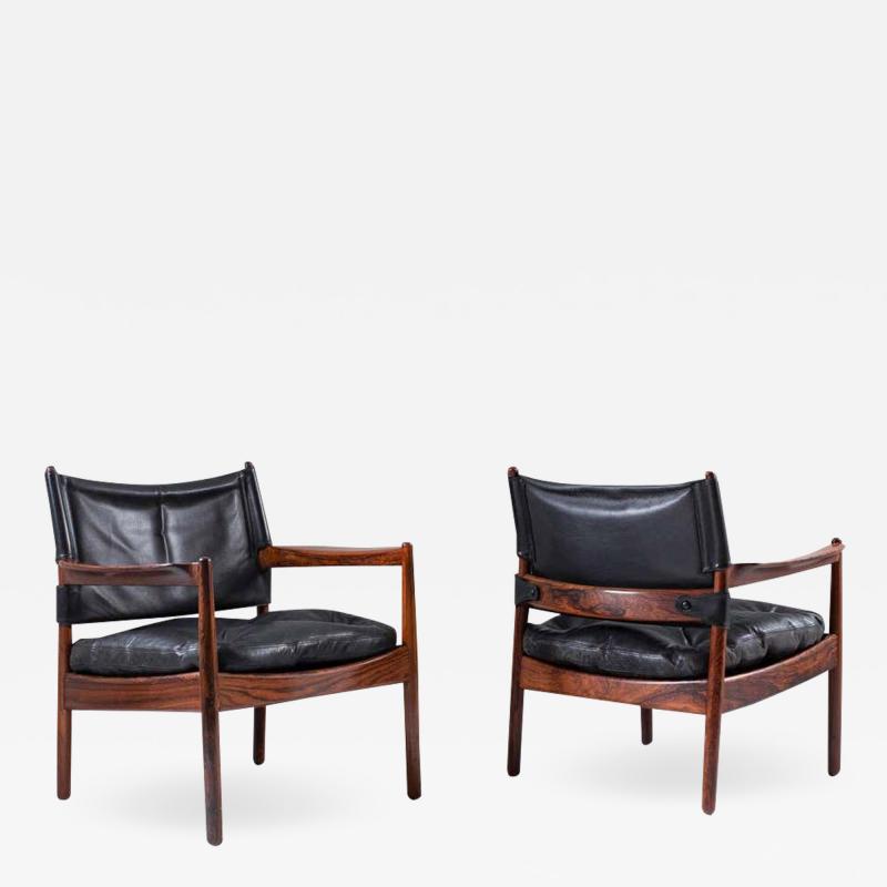 Gunnar Myrstrand Scandinavian Leather and Rosewood Lounge Chairs by Gunnar Myrstrand Sweden