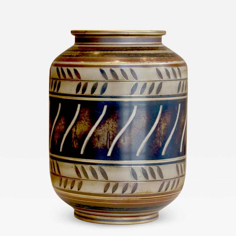 Gunnar Nylund Albarello Form Vase in Bronze Tones with Sgraffiito Details by Gunnar Nylund