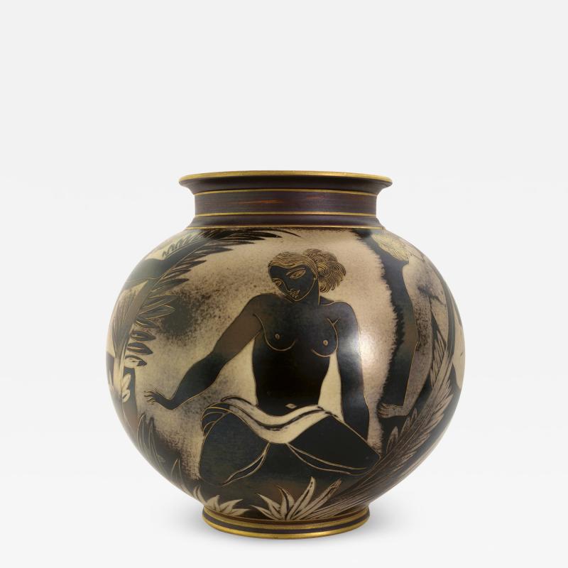 Gunnar Nylund GUNNAR NYLUND FLAMBE VASE WITH FEMALE FIGURES IN FAUNA FOR ALP 1930S SWEDEN