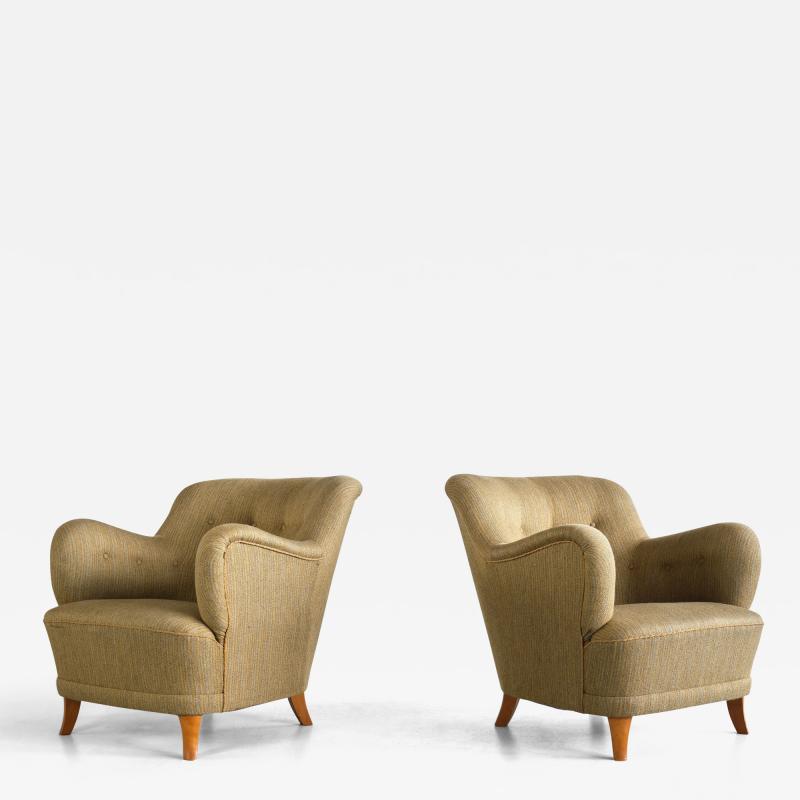 Gustav Axel Berg Sculptural Pair of Gustav Axel Berg Armchairs in Beech and Wool Sweden 1940s