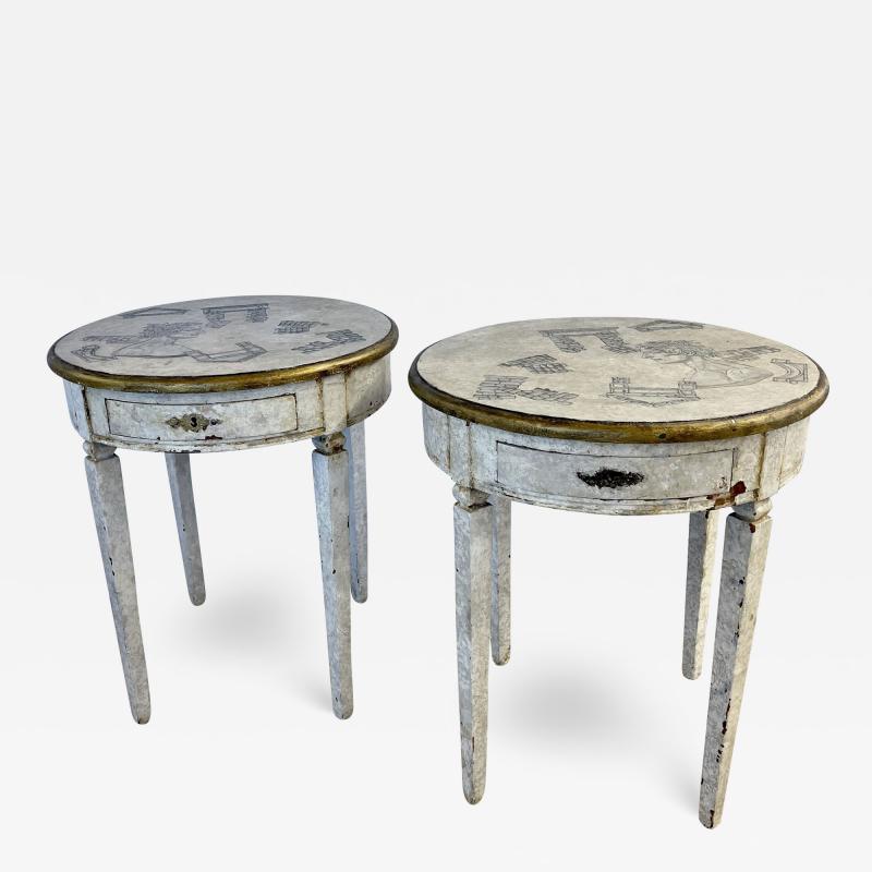 Gustavian Pair of End Side Tables Swedish Paint Decorated Fornasetti Style