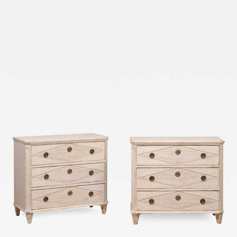Gustavian Style 19th Century Painted Chests with Carved Diamond Motifs a Pair