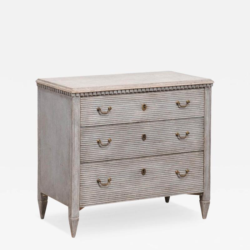 Gustavian Style Swedish 19th Century Three Drawer Gray Painted and Carved Chest