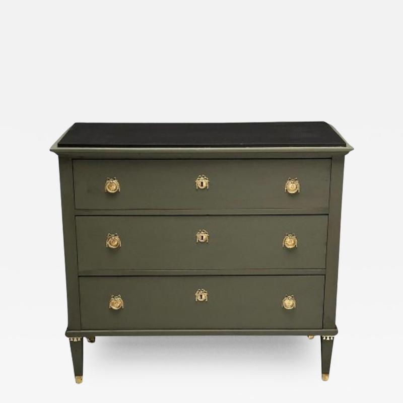 Gustavian Swedish Commode Green Paint Pinewood Brass Sweden 1970s