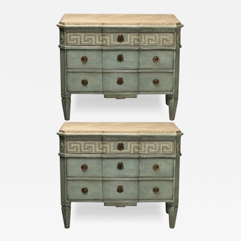 Gustavian Swedish Commodes Blue Paint Distressed Brass Sweden Greek Key