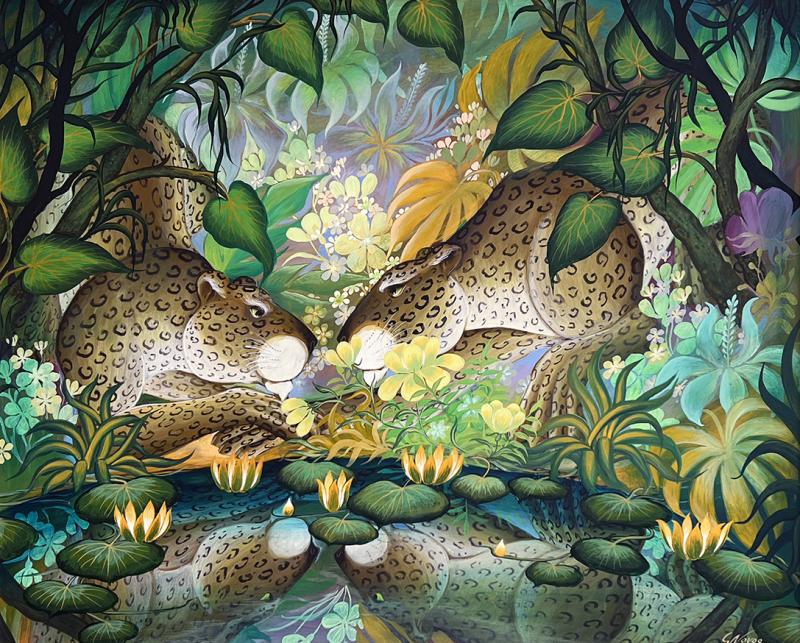 Gustavo Novoa Two Leopards in Reflection Pool in a Fantasy Tropical Garden Naive