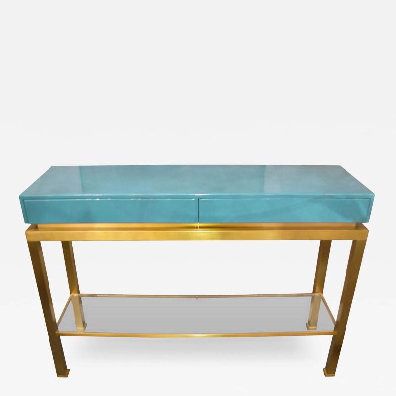 Guy LeFevre Console in brass and blue lacquered wood by G Lef vre Ed Maison Jansen 1970