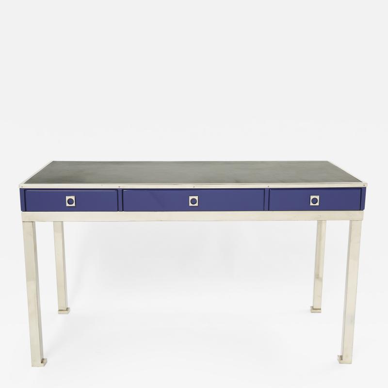 Guy LeFevre Desk table Guy Lefevre Maison Jansen blue lacquer steel leather top 1970s