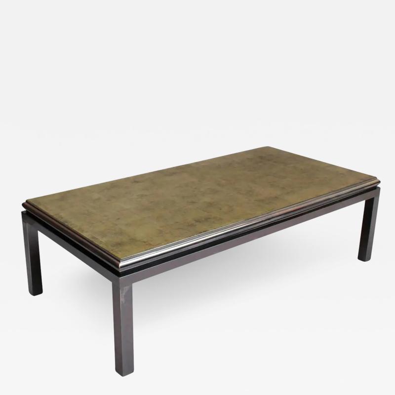 Guy LeFevre Fine French 1970s Eglomise Glass Top Coffee Table with a Patinated Metal Frame