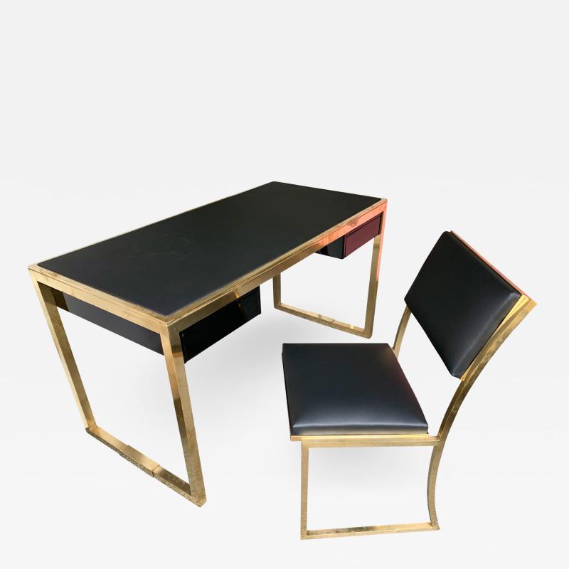 Guy LeFevre Lacquered Brass Desk and Chair by Guy Lef vre for Maison Jansen France 1970s