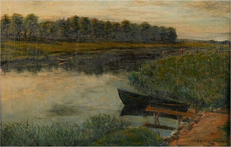 H Hansen Antique German Seascape Oil Painting of Lake Friedrich by H Hansen