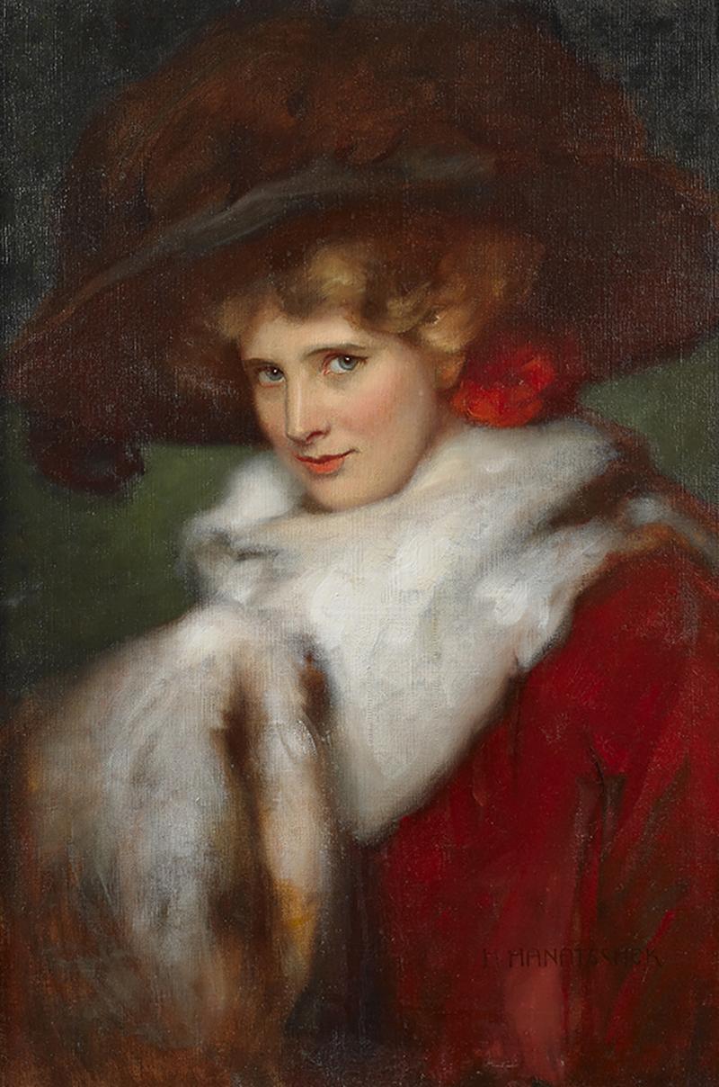 HERMANN HANATSCHEK Portrait of a Woman Wearing a Feathered Hat with Fur Stole and Muff