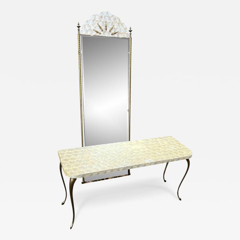 HOLLYWOOD REGENCY BRONZE CAPIZ SHELL HALL MIRROR WITH LOW CAPIZ SHELL CONSOLE