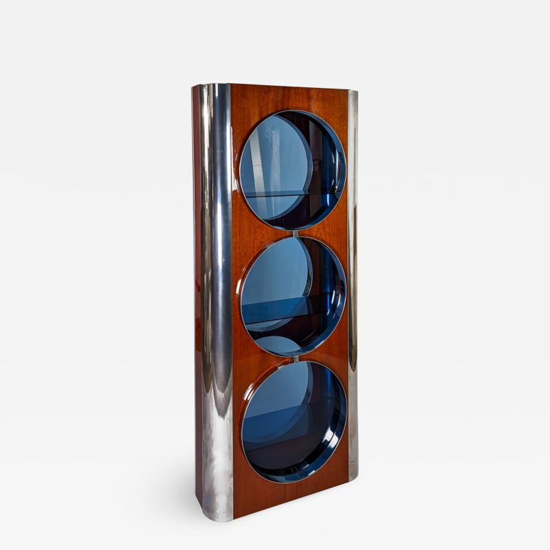 HUBLOT Bookcase in rosewood chromed steel and blue glass 1970