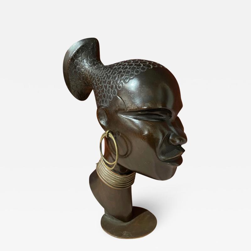 Hagenauer Carved Wood with Bronze Base Sculpture Head of African Woman 1930