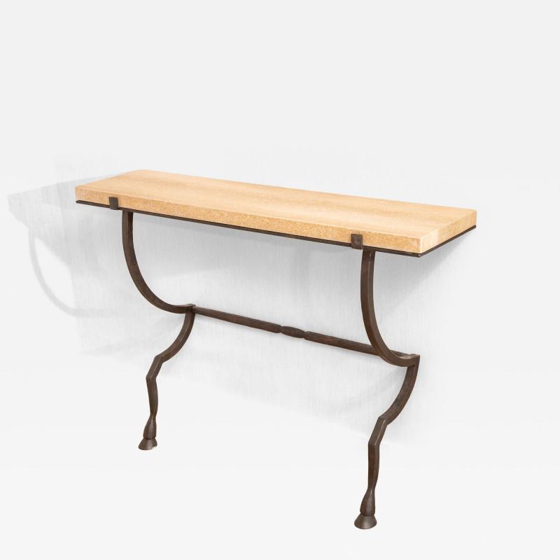 Hammered Metal Wall Console with Travertine Top