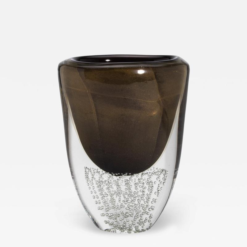 Hand Blown Modern Murano Vase in Black with 24 karat Gold Flecks and Bubles