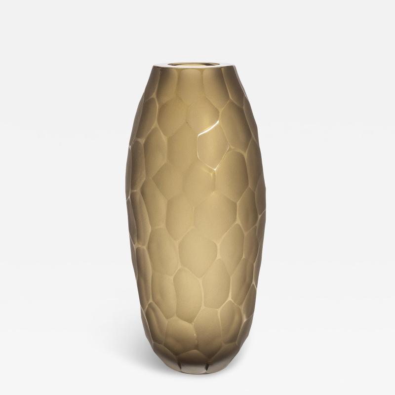 Hand Blown Modern Tall Murano Vase in Olive Green Medium
