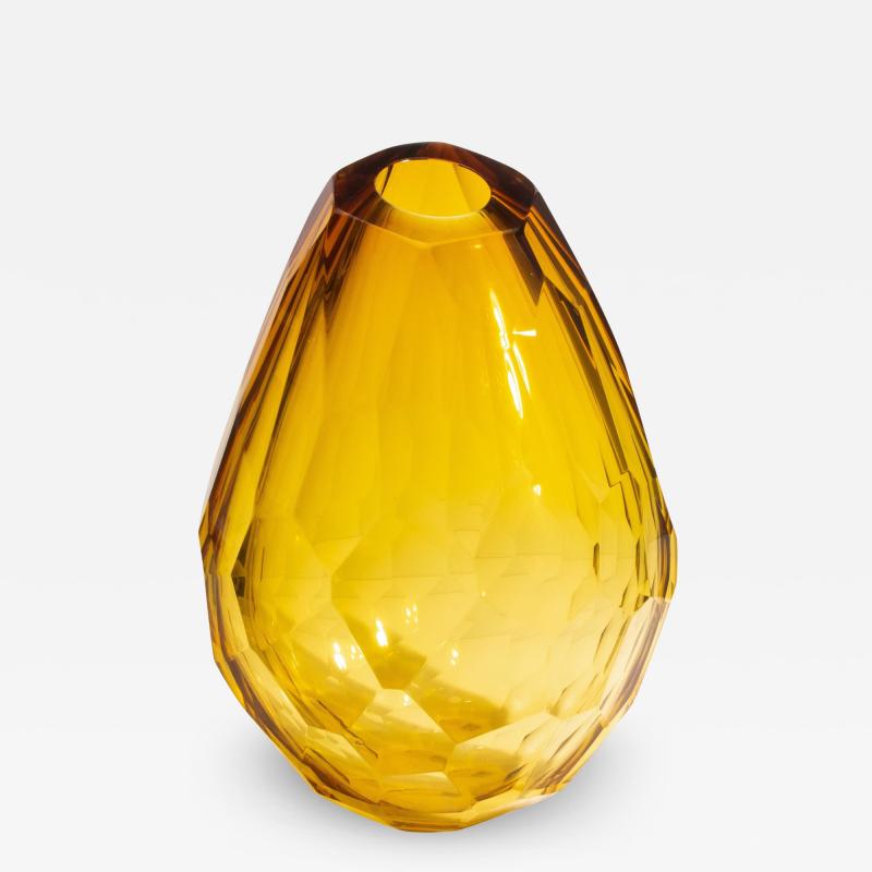 Hand Blown Murano Barrel Vase in Amber with the Side Cut