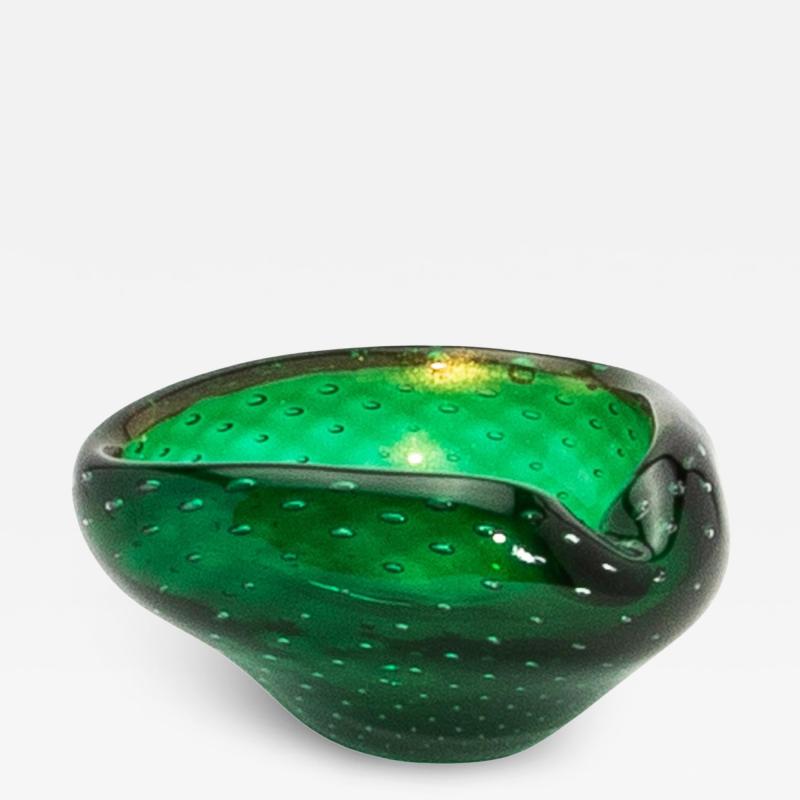 Hand Blown Murano Bowl in Green with 24 Karat Gold Flecks and Bullicante Detaili