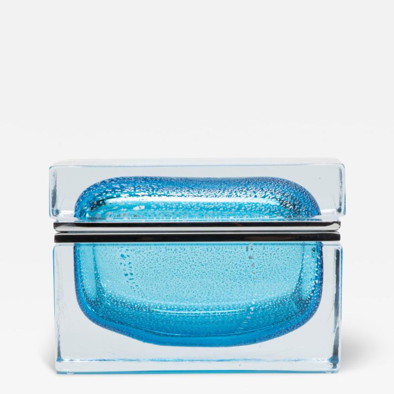 Hand Blown Murano Box in Aqua Blue with Silver Flecks and Chrome Fittings