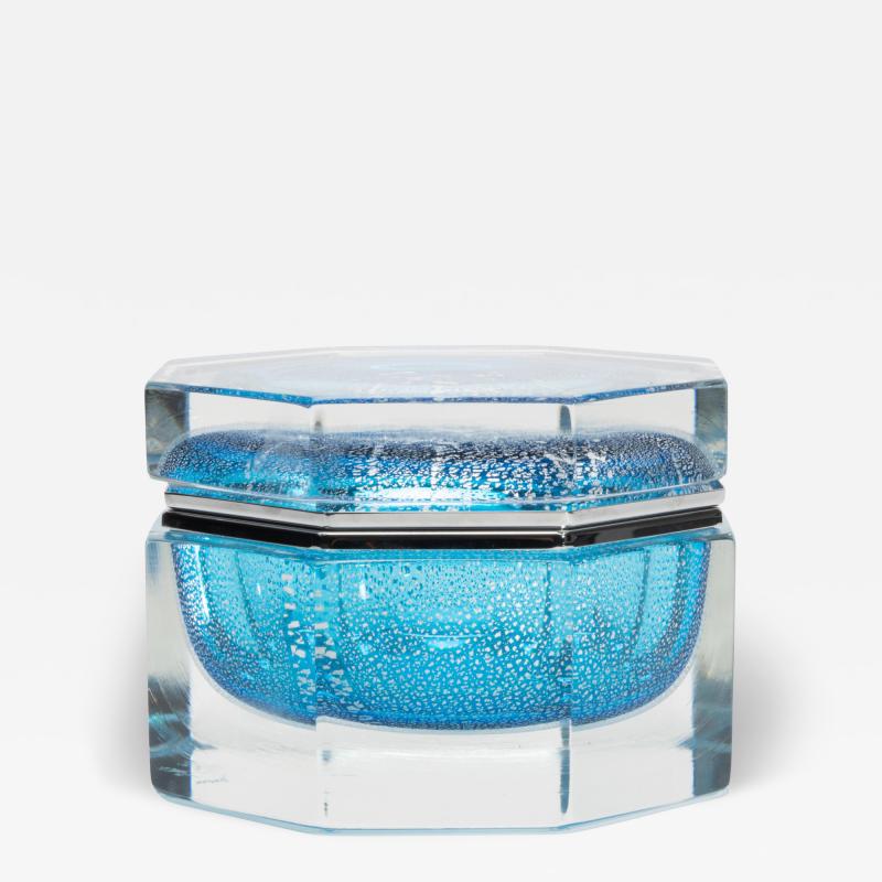 Hand Blown Murano Box in Aqua Blue with Silver Flecks and Chrome Fittings