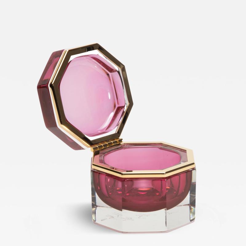Hand Blown Murano Box in Ruby with Brass Fittings