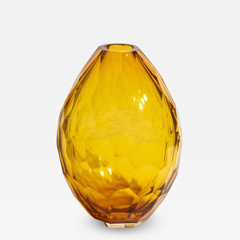 Hand Blown Murano Facet Vase in Amber Medium