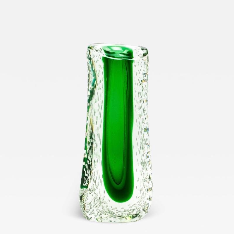Hand Blown Murano Fluid Vase in Clear with Emerald Green and Bubble Details