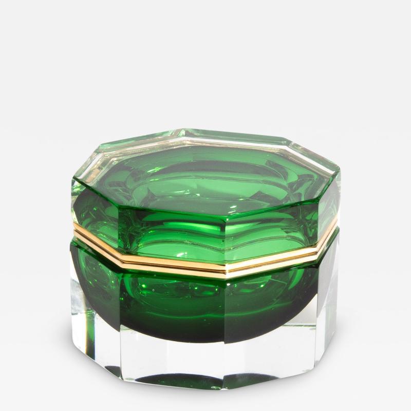 Hand Blown Murano Glass Box Octagonal L in Green with Brass Fittings