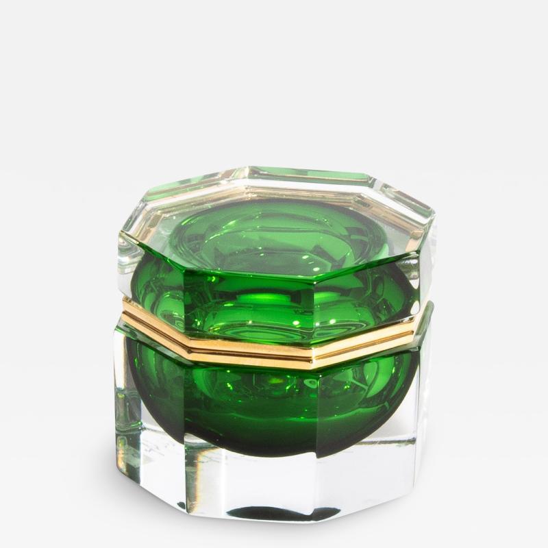 Hand Blown Murano Glass Box Octagonal M in Green with Brass Fittings